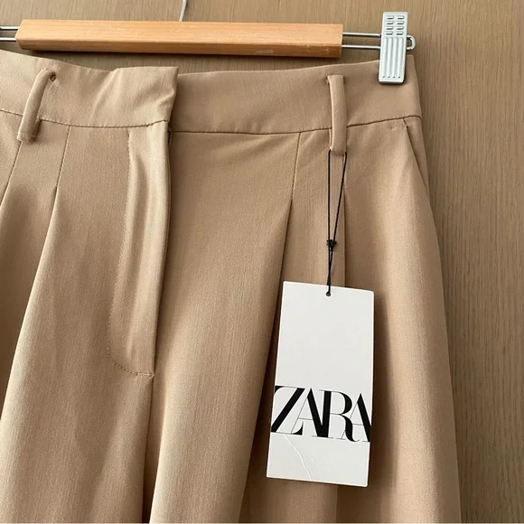 Zara pleated wide leg trouser pant tan - Picture 3 of 9